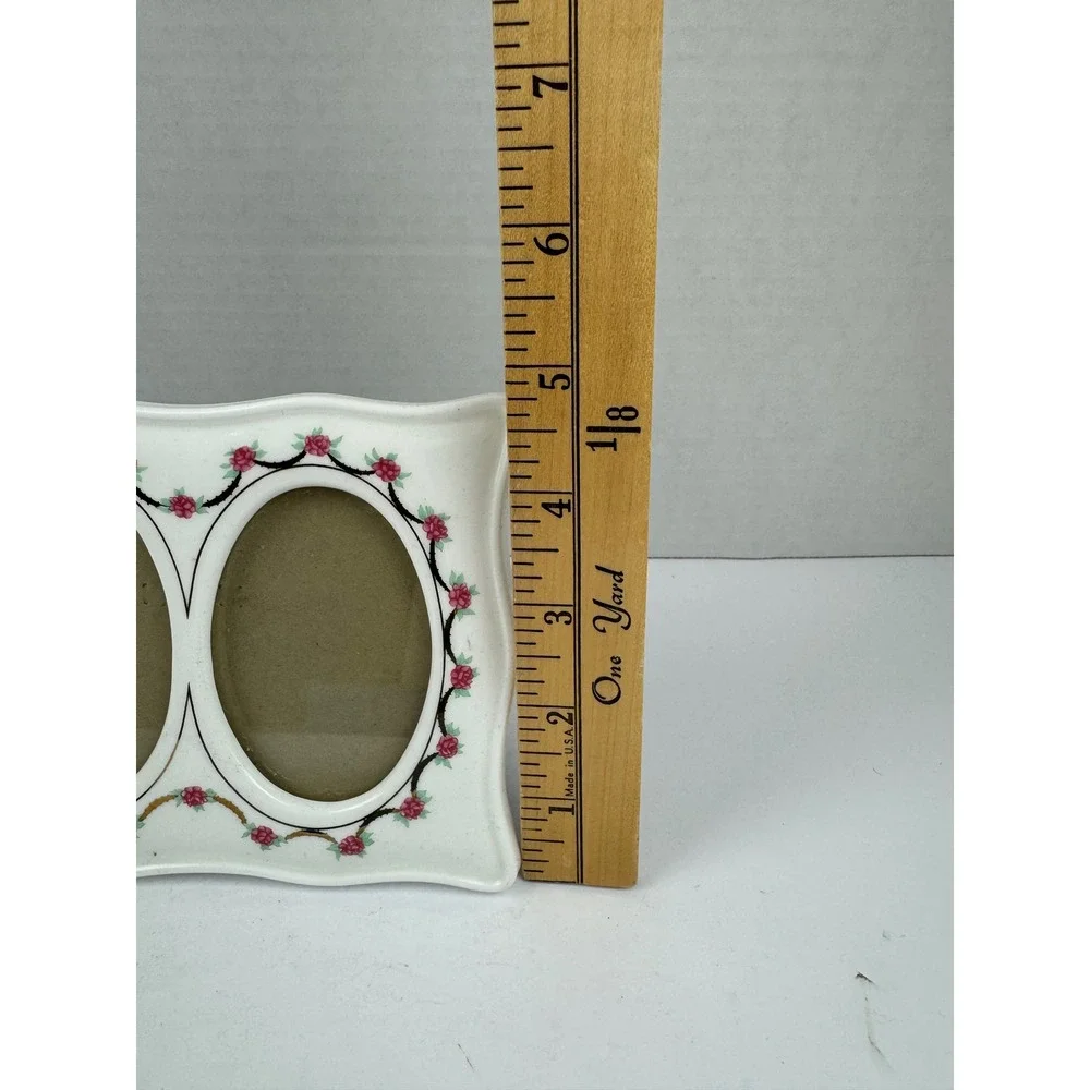 Vintage Ceramic Double Picture Frame Pink Rosebud Floral Scalloped Oval 5x7